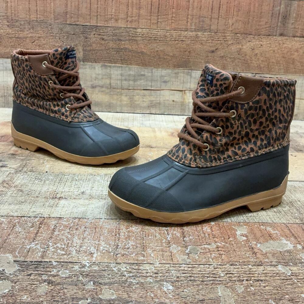 Sperry Duck Boots Kids Size 2 33.5 Brown Leopard Rain Ankle Lace Up Winter
